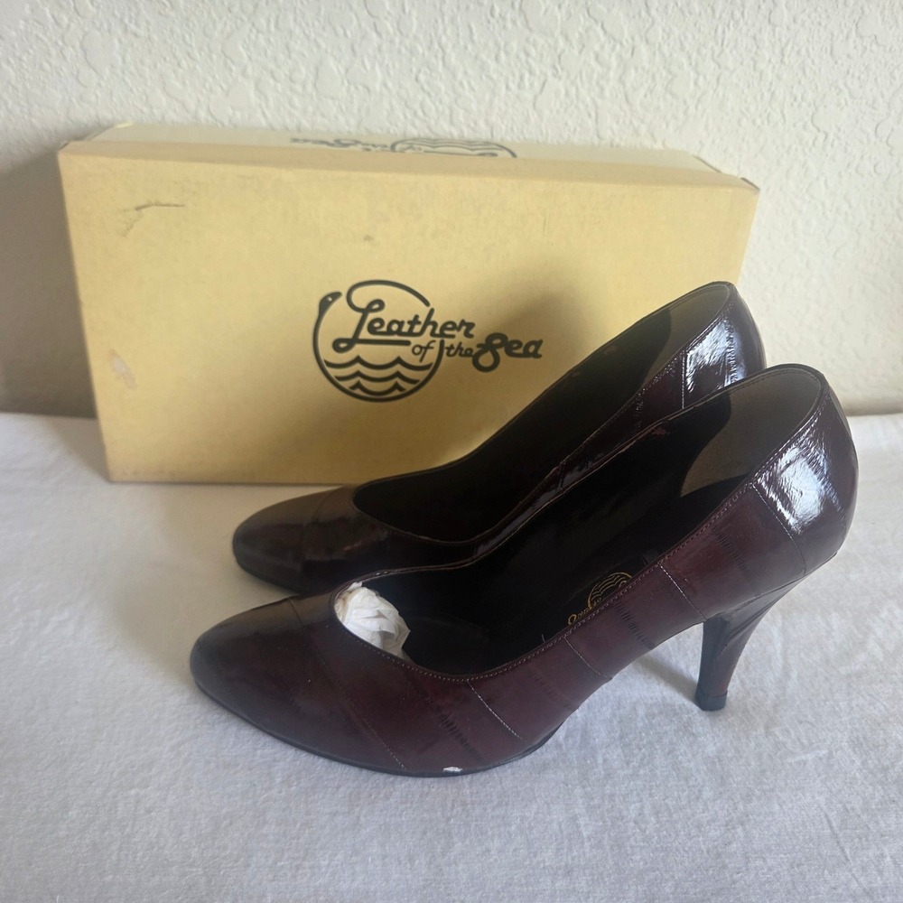 Leather of the Sea Vintage Eel Skin Pumps Brn Stiletto Heels Design 163 Size 5.5